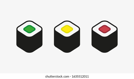 A vector illustration of three maki sushi pieces, cucumber, yellow radish and salmon, on white background.