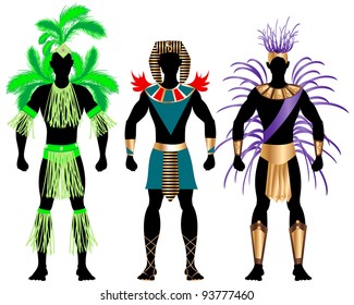 Vector Illustration of three male Costumes for Festival, Mardi Gras, Carnival, Halloween or more.