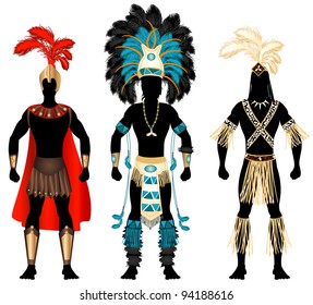 Vector Illustration of three male Costumes for Festival, Mardi Gras, Carnival, Halloween or more.