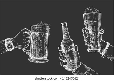 Vector illustration of three male hands holding beer. Glass stein mug, bottle, weizen. Pub party celebration illustration with alcohol drinks. On black board chalk hand drawing