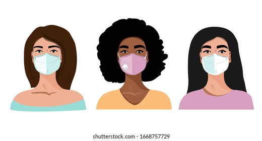 Vector illustration with three masked girls of different nationalities. Coronavirus concept