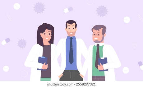 A vector illustration of three medical professionals in lab coats holding clipboards, with a background of healthcare-themed icons like pills and viruses, representing teamwork and health care.