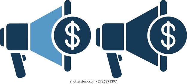 Eine Vektorgrafik von drei Megaphon-Symbolen in Blau und Weiß mit Dollarzeichen, die Marketing- und Finanzkonzepte darstellen