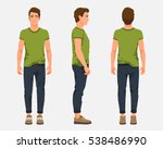 Vector illustration of three men in casual clothes under the white background. Cartoon realistic people illustartion. Flat young man. Front view man, Side view man, Back side view man