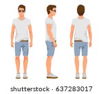 Vector illustration of three men in casual summer clothes. Cartoon realistic people illustartion.Flat young man in a light T-shirt, denim shorts and sneakers. Front view, Side view, Back side view man