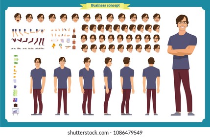 Vector illustration of three men in casual clothes on white background. Cartoon people illustartion. Flat young man. Front view Side view Back side view man.Hipster creation kit.businessman