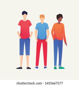 Vector illustration of three men in casual clothes under the white background