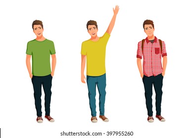 Vector illustration of three men in casual clothes under the white background