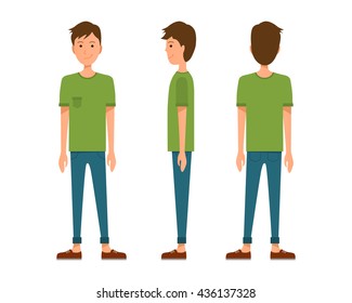 Vector Illustration Of Three Men In Casual Clothes Under The White Background. Flat People Illustartion. Flat Young Man. Front View Man, Side View Man, Back Side View Man