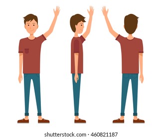 Vector Illustration Of Three Men In Casual Clothes Under The White Background. Flat People With Hand Up Illustration. Flat Young Man. Front View Man, Side View Man, Back Side View Man