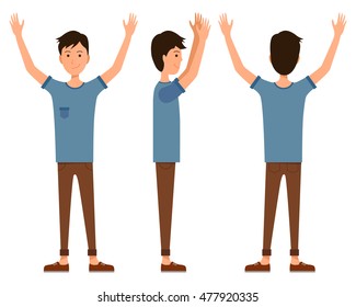 Vector Illustration Of Three Men In Casual Clothes Under The White Background. Flat People With Hands Up Illustration. Flat Young Man. Front View Man, Side View Man, Back Side View Man