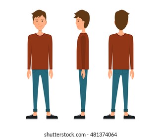 Vector illustration of three men in casual clothes under the white background. Flat people illustartion. Flat young man. Front view man, Side view man, Back side view man