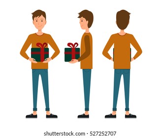 Vector illustration of three men in casual clothes with present in hand under the white background. Flat people illustartion. Flat young man. Front view man, Side view man, Back side view man
