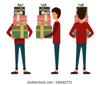 Vector illustration of three men in casual clothes with big presents in hand under the white background. Flat people illustartion. Flat young man. Front view man, Side view man, Back side view man