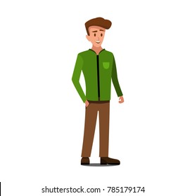 Vector illustration of three men in casual clothes under the white background. Cartoon realistic people illustartion. Flat young man. Front view man, Side view man, Back side view man