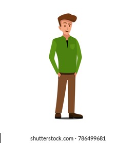 Vector illustration of three men in casual clothes under the white background. Cartoon realistic people illustartion. Flat young man. Front view man, Side view man, Back side view man