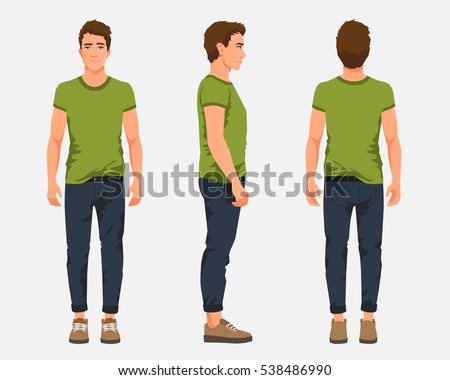 Vector illustration of three men in casual clothes under the white background. Cartoon realistic people illustartion. Flat young man. Front view man, Side view man, Back side view man