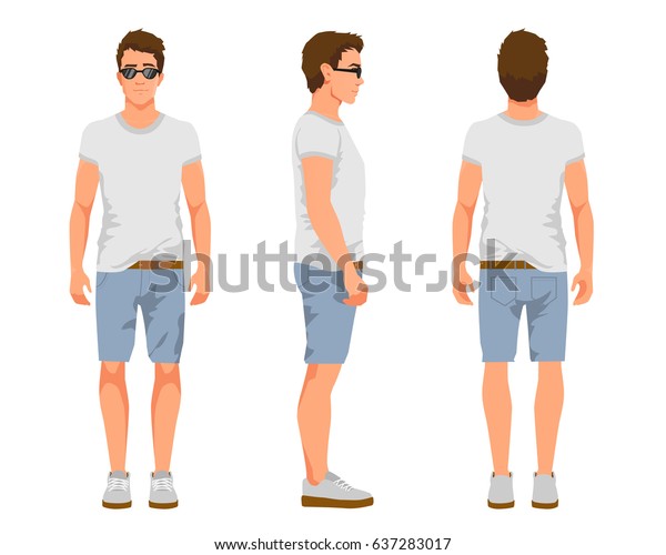 普段着の3人の男性のベクターイラスト マンガのリアルな人のイラスト 薄いtシャツを着た平たい青年 デニムのショートカット スニーカー 正面図 側面図 背面図のマン のベクター画像素材 ロイヤリティフリー