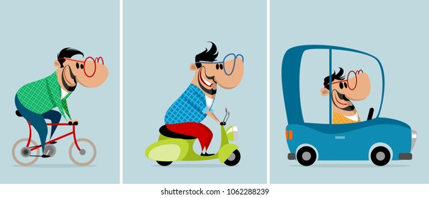 Vector illustration of three men on different vehicles