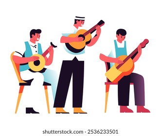 Vector illustration of three men performing with Spanish guitars. Drawn in a flat, minimalist style, isolated on white background. Ideal for cultural or music designs.
