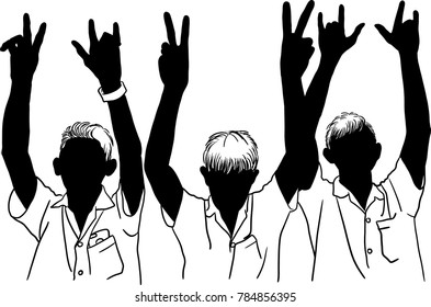 Vector illustration of three men silhouettes with hands up on white background