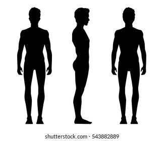 Vector illustration of three men sillouettes on the white background. Vector cartoon realistic people illustartion.  Sillouettes young man. Front view man, Side view man, Back side view man