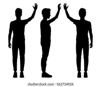 Vector illustration of three men sillouettes with hand up on the white background. Vector cartoon realistic people illustartion.Sillouettes young man. Front view man, Side view man, Back side view man