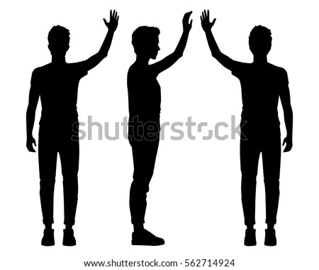 Vector illustration of three men sillouettes with hand up on the white background. Vector cartoon realistic people illustartion.Sillouettes young man. Front view man, Side view man, Back side view man
