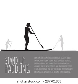 vector illustration of three men with stand up paddle boards and paddles on  greybackground with signature and text as template for your design, article or print
