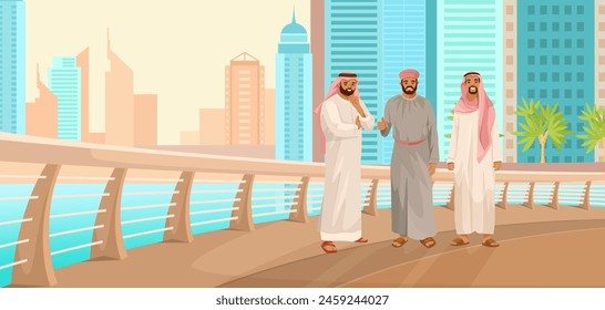 Vector illustration of three men in traditional Middle Eastern attire having a conversation with a cityscape background, concept of culture. Vector illustration