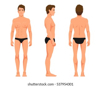 Ilustração vetorial de três homens em cueca sobre o fundo branco. Vector desenho animado pessoas realistas ilusão. Jovem chato. Vista frontal homem, Vista lateral homem, Vista traseira lado homem