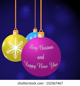 Vector illustration of three Merry Christmas balls on blue background