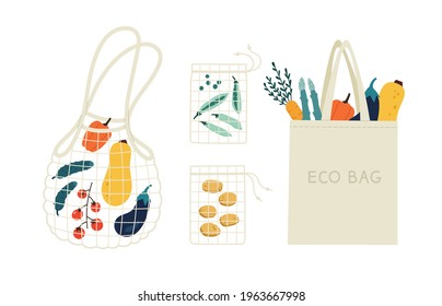 Vector illustration of three mesh eco bags with vegetables inside, and one textile eco bag, on a beige background. Hand-drawn eco bag set. Shopper, ecological fabric package. Zero waste concept.