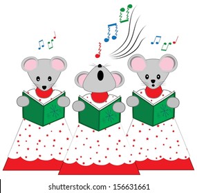 Ilustração vetorial de três camundongos vestidos com vestidos de coro, segurando livros de música, cantando canções de Natal.  Um rato parece estar cantando muito alto e fora da tecla, enquanto os outros dois parecem envergonhados.