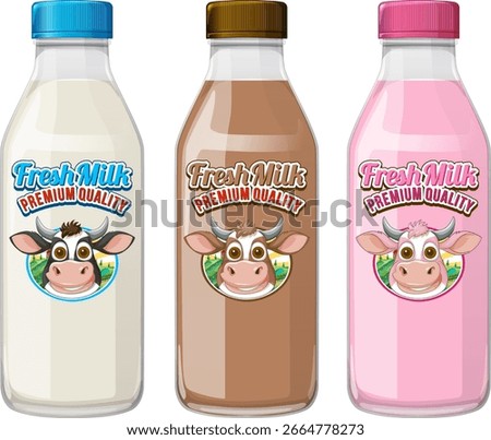 Vector illustration of three milk bottles in vanilla, chocolate, and strawberry flavors, each with colorful caps and cartoon cow branding, isolated on white