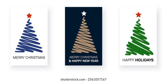 Vector illustration of three minimalist holiday cards featuring swirl-style Christmas trees with Merry Christmas and Happy Holidays texts.