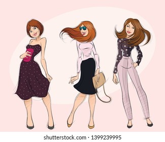 Vector illustration of three modern beautiful girls