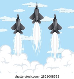 Vector illustration of three modern fighter jets ascending through blue sky with white clouds.