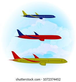 Vector illustration of three modern stylized airplanes on a light blue sky and clouds background. Side view of passenger jets. Flat style. Ideal for catalogs, information and travel guides.