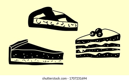 Vector illustration of three monochrome pieces of cakes 