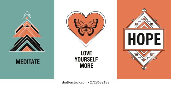 Ilustração vetorial de três painéis motivacionais com meditação, amor-se e mensagens de esperança com desenhos geométricos e simbólicos