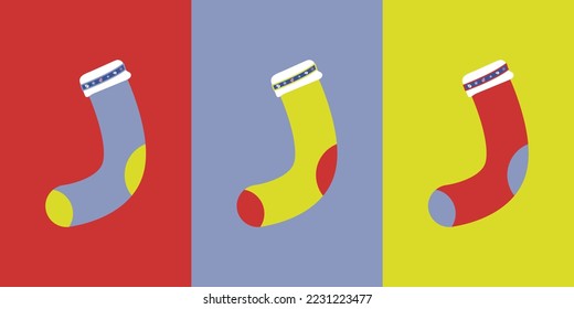 Vector illustration of three multicolored Christmas socks with different colored background. Christmas template for festive  holiday concept with colors such as yellow, blue and red. 
