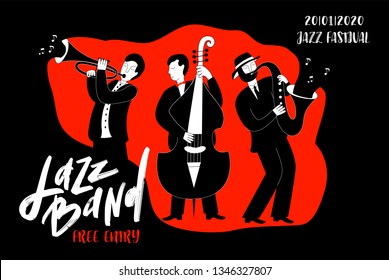 Vector illustration with three musicians (saxophonist, chimney sweep, cellist). International Jazz Day. Doodle style