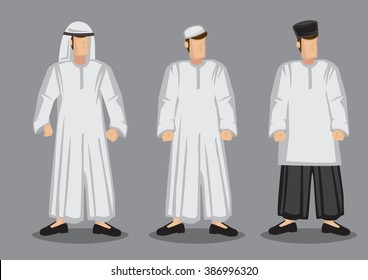 Vector illustration of three Muslim men in different traditional costumes and headwear isolated on grey background.