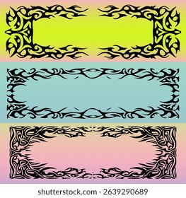 Vector illustration with three neo tribal black motifs on pastel gradients. Features bold, futuristic lines and sharp details, echoing top Y2K and cyber-aesthetic trends.