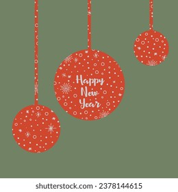 Vector illustration of three New Year's Christmas balls.Golden snowflakes on red-green background.Exclusive handmade design discount,print,card,label,packaging,tag,symbol.Warm cozy atmosphere
