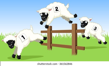 Vector illustration of three numbered cartoon sheep jumping over a fence.