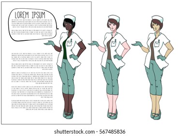 Vector illustration of three nurses: Europeans, African, Asian