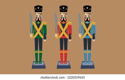 Vector illustration of three nutcrackers wearing green, red and blue jackets and black pants and holding swords, beige background, holiday gift, new year vector, invitation, nutcracker poster