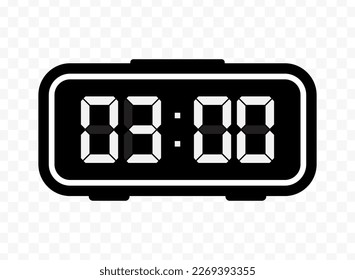 Vector illustration of three o'clock digital clock icon sign and symbol. Black icon for website design .Simple design on transparent background (PNG).